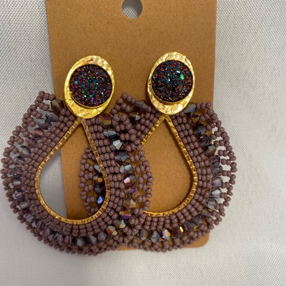 NEW Boho Plum Iridescent Beaded Loop Post Pierced Earrings